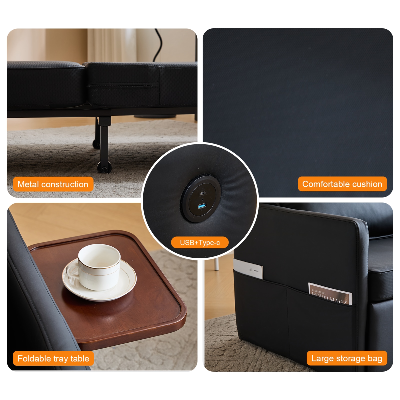 Sleeper Chair Bed, 3-in-1 Convertible Sofa Bed Pull-out Sofa Bed, Convenient Folding Tray Table With USB And Type-C Charging Ports,BLACK,Leather_voghion.com